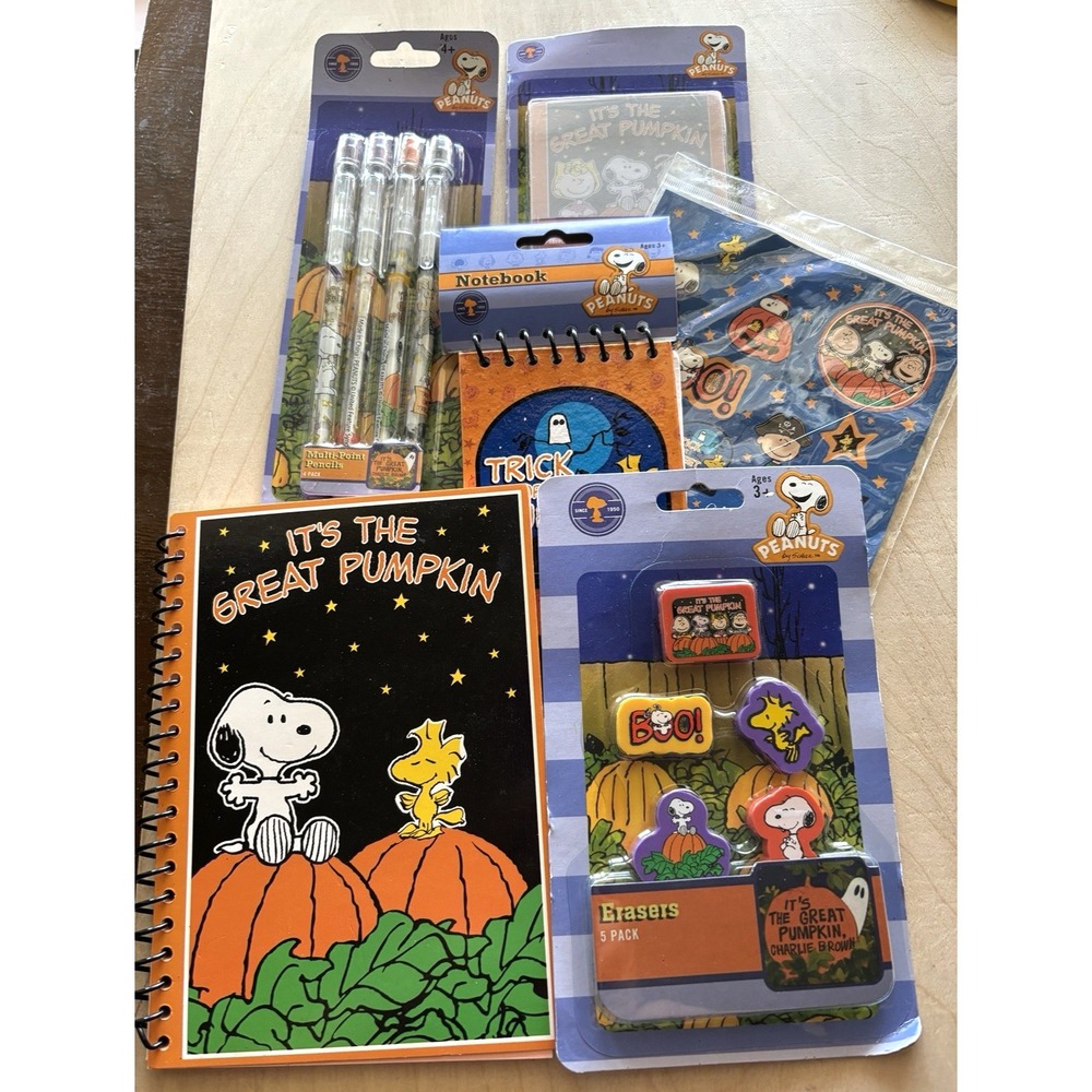 Vtg Peanuts Halloween LOT of 6 NIP Pens Erasers Journal Sticky Notes Spiral